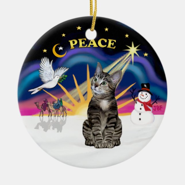 Christmas Sunrise - Brown Tabby Tiger cat Ceramic Ornament (Front)