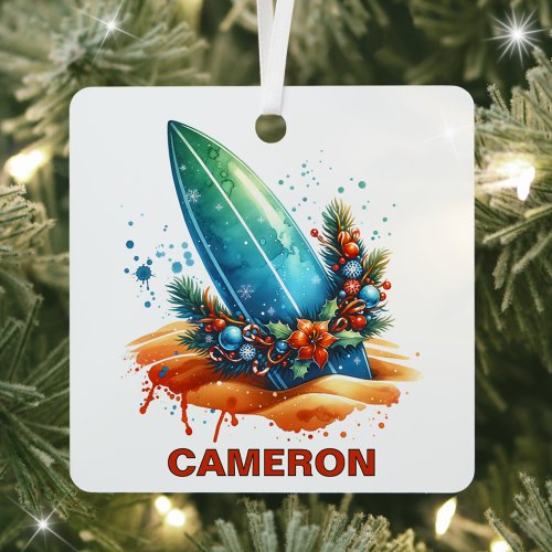 Christmas Surfboard Custom Name  Metal Ornament