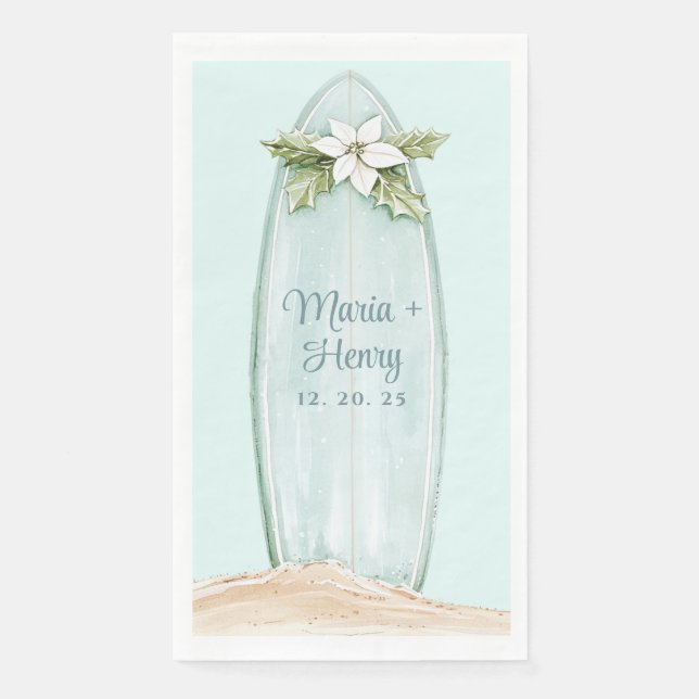 Christmas Surfboard | Winter Beach  Paper Guest Towels (Front)