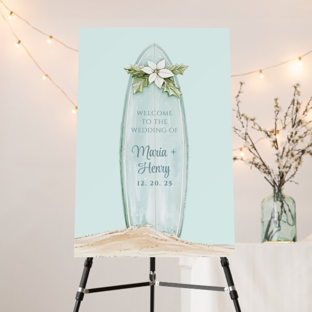 Christmas Surfboard | Winter Beach Wedding Welcome Foam Board (In Situ (Stand))