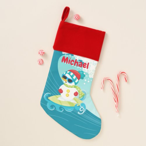 Christmas surfing snowman add name stocking