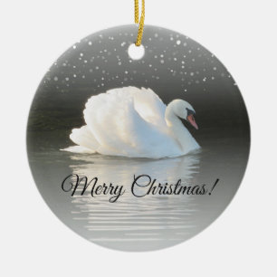 Christmas Swan on Snowy Lake Ceramic Ornament