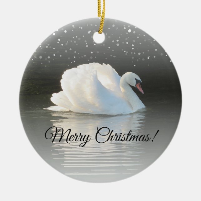 Christmas Swan on Snowy Lake Ceramic Ornament (Front)