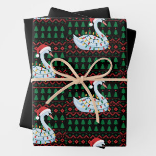 Christmas Swan Santa Hat Xmas Lights Ugly Sweater Wrapping Paper Sheets