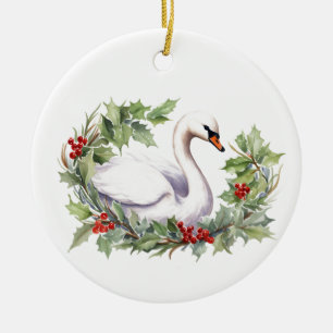 Christmas Swan with Holiday Wreath Ceramic Ornament