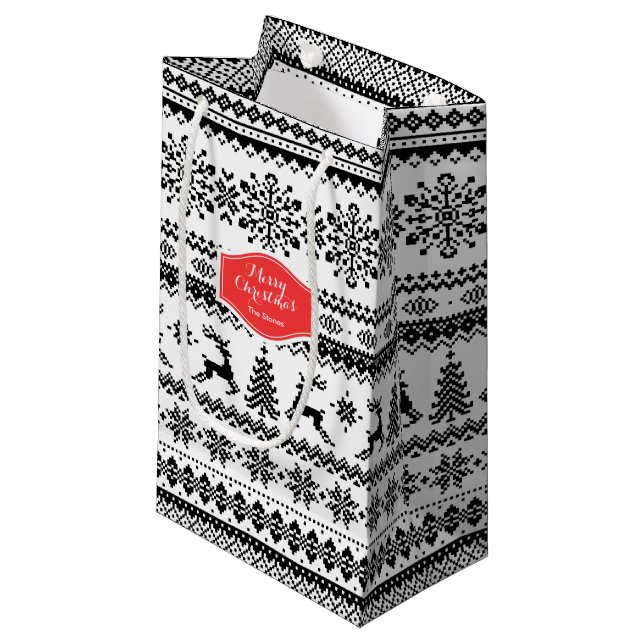 Christmas sweater black fair isle pattern monogram small gift bag (Front Angled)