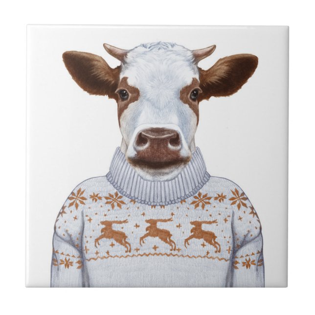 Christmas Sweater Cow Ceramic Tile (Front)