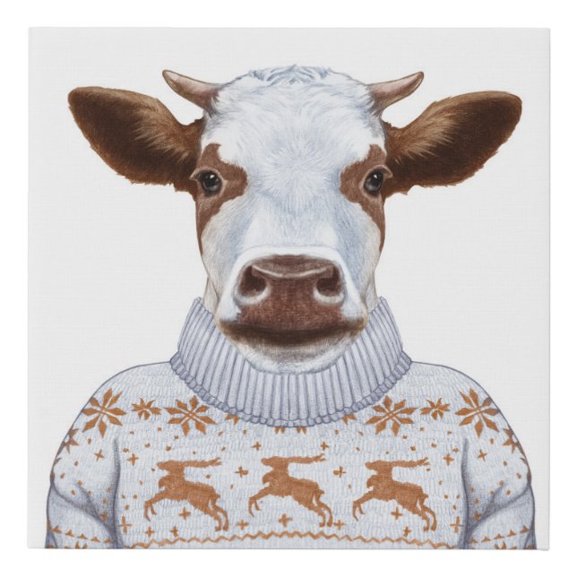 Christmas Sweater Cow Faux Canvas Print (Front)