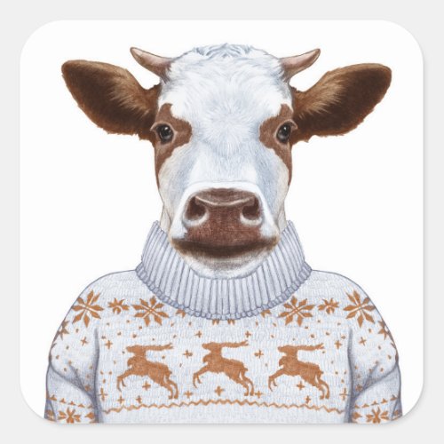 Christmas Sweater Cow Square Sticker