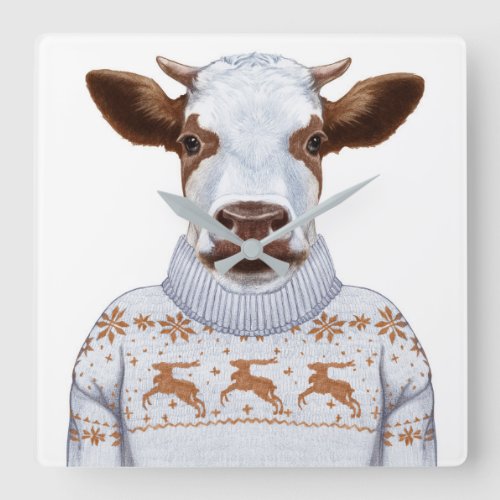 Christmas Sweater Cow Square Wall Clock