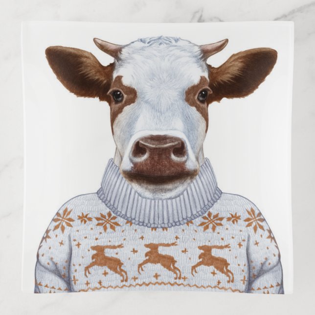 Christmas Sweater Cow Trinket Tray (Front)