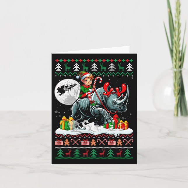 Christmas Sweater Elf Riding Rhino Matching Kids T Card (Front)