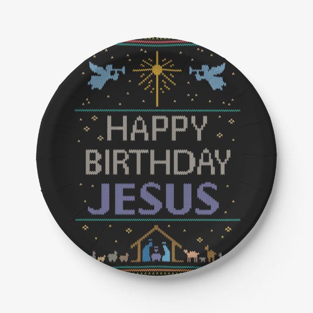 Christmas Sweater - Happy Birthday Jesus Christian Paper Plates (Front)