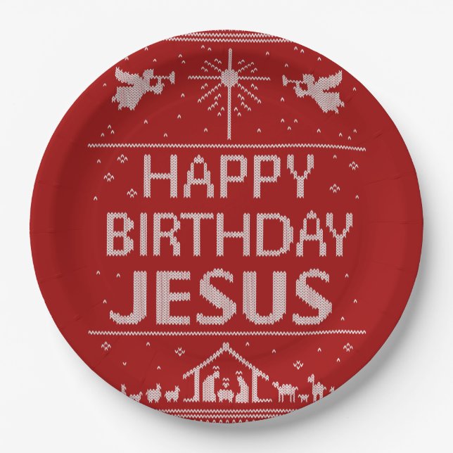 Christmas Sweater Happy Birthday Jesus Christian Paper Plates (Front)