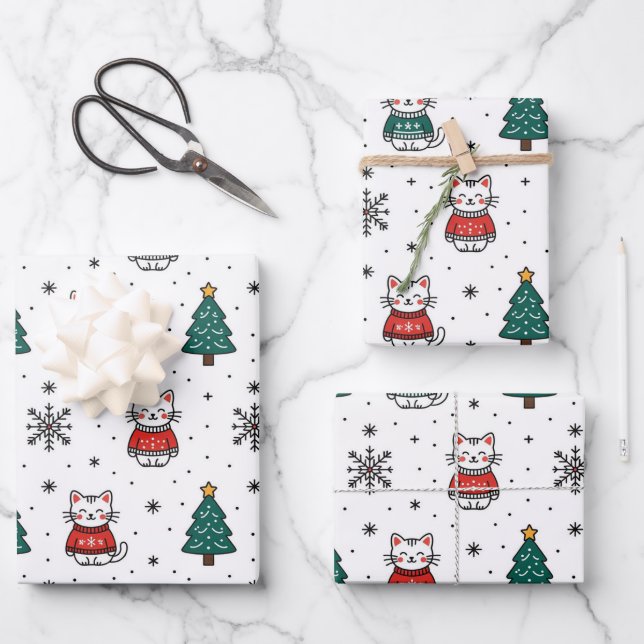 Christmas Sweater Kittens Wrapping Paper Sheets (Front)