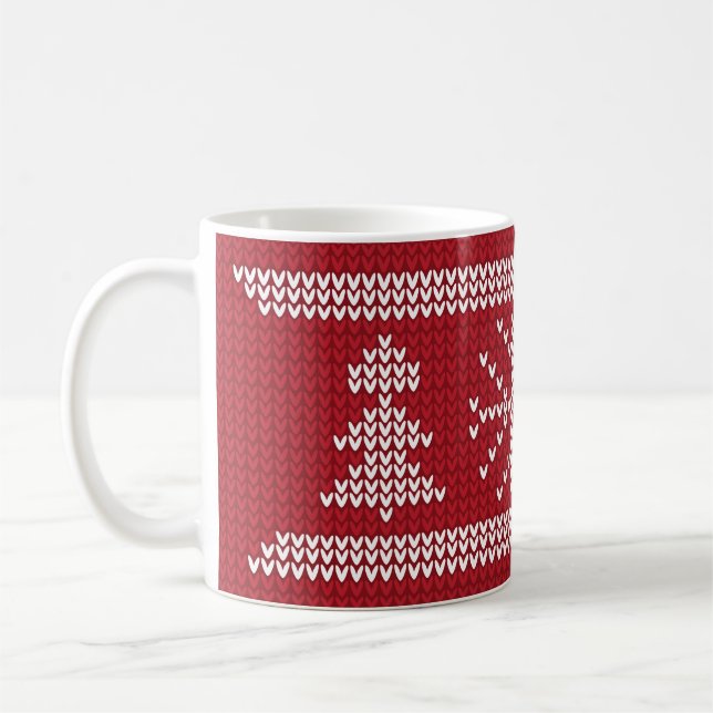 Christmas Sweater Knit Pattern Red Tree Snowflake Coffee Mug (Left)