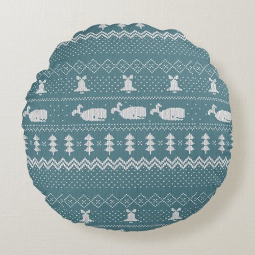 Christmas Sweater Knitted Pattern Whale Rustic Round Pillow