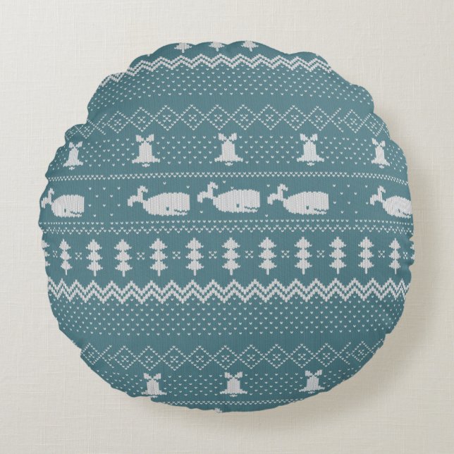 Christmas Sweater Knitted Pattern Whale Rustic Round Pillow (Front)
