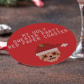 Christmas Sweater Party Red Santa Sloth Holiday Round Paper Coaster by mothersdaisy at Zazzle