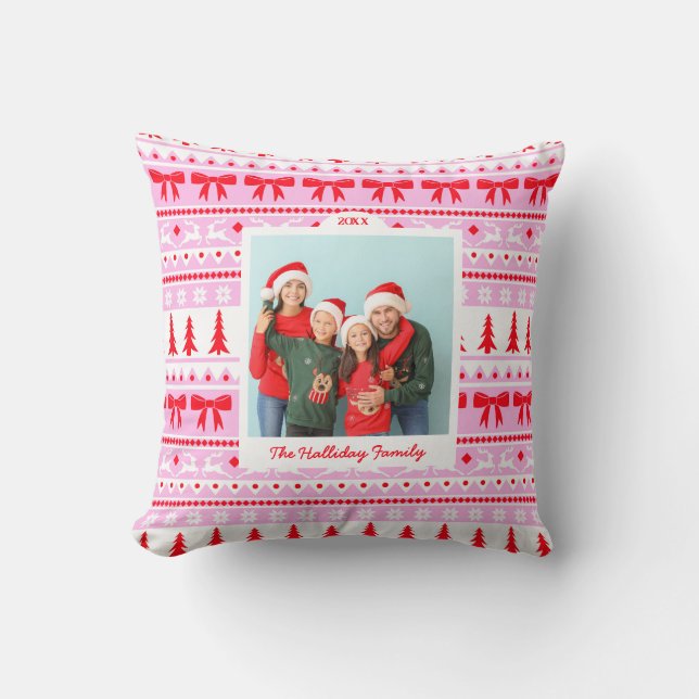 Christmas Sweater Pattern and 2 Photo Family  Throw Pillow (Front)