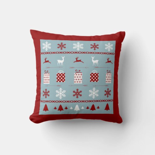 Christmas Sweater Pattern white red and blue Throw Pillow