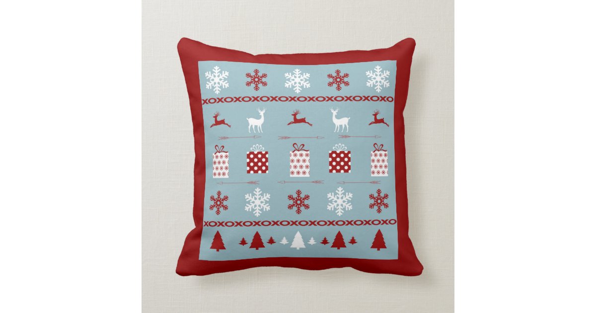 Christmas Sweater Pattern, white, red and blue Throw Pillow Zazzle.com