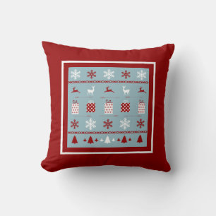 Christmas Sweater Pattern, white, red and blue Throw Pillow