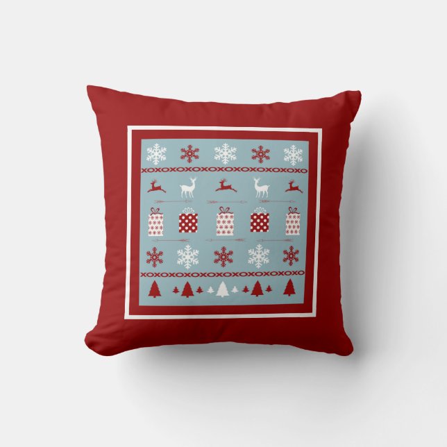 Christmas Sweater Pattern, white, red and blue Throw Pillow (Front)