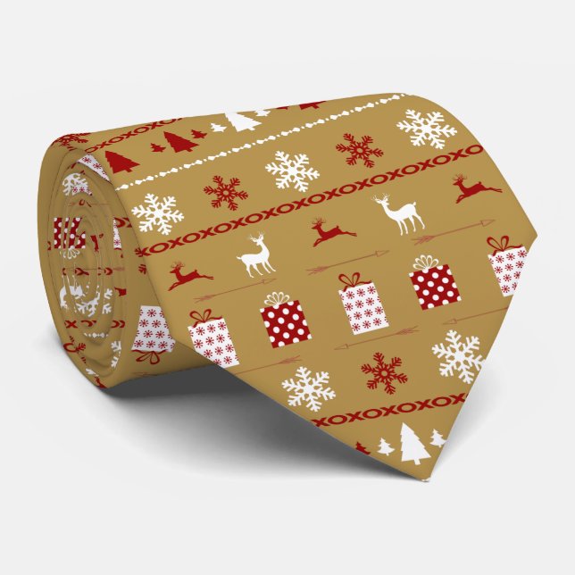 Christmas Sweater Pattern, white, red on gold Neck Tie (Rolled)