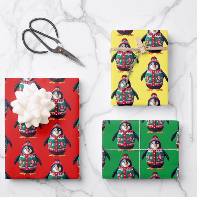 Christmas Sweater Penguin  Wrapping Paper Sheets (Front)