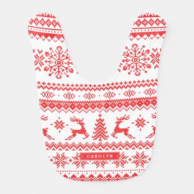 Christmas sweater red fair isle pattern monogram bib (Front)