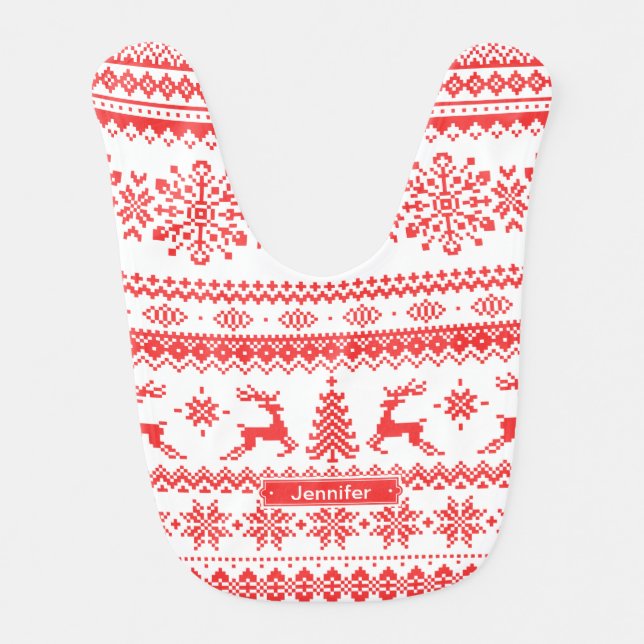 Christmas sweater red fair isle pattern monogram bib (Front)