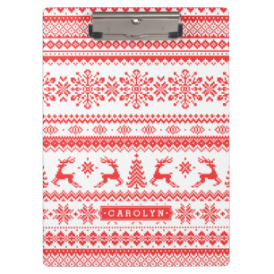 Christmas sweater red fair isle pattern monogram clipboard