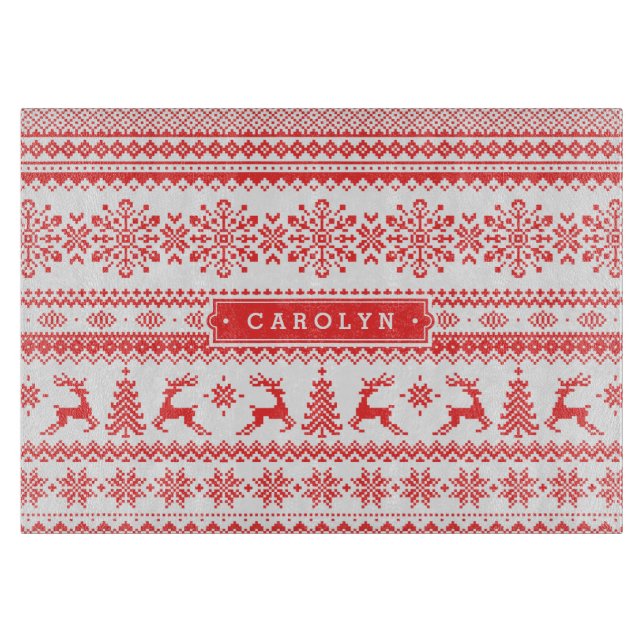 Christmas sweater red fair isle pattern monogram cutting board (Front)