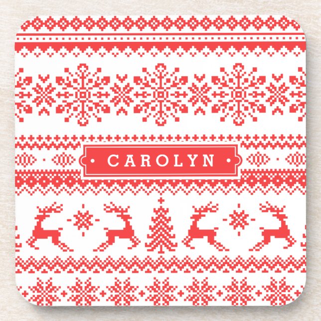 Christmas sweater red fair isle pattern monogram drink coaster (Front)