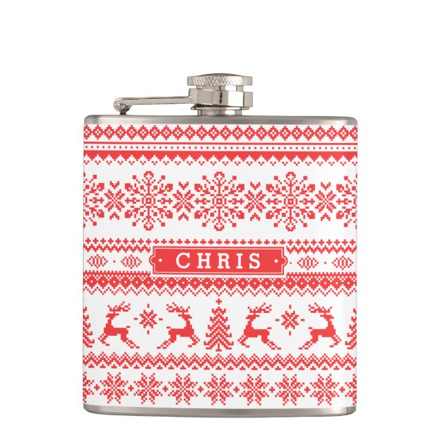 Christmas sweater red fair isle pattern monogram hip flask (Front)