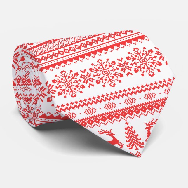 Christmas sweater red fair isle pattern monogram neck tie (Rolled)