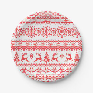 Christmas sweater red fair isle pattern monogram paper plates
