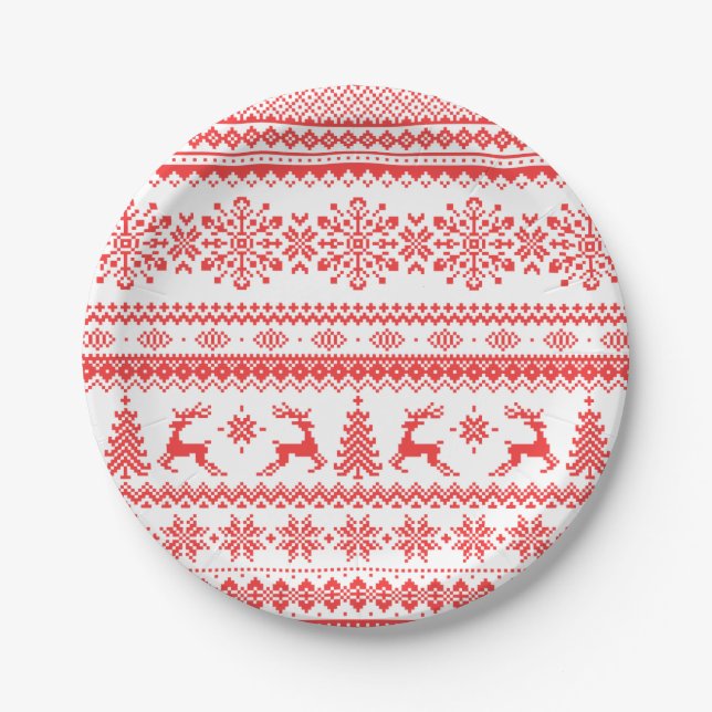 Christmas sweater red fair isle pattern monogram paper plates (Front)