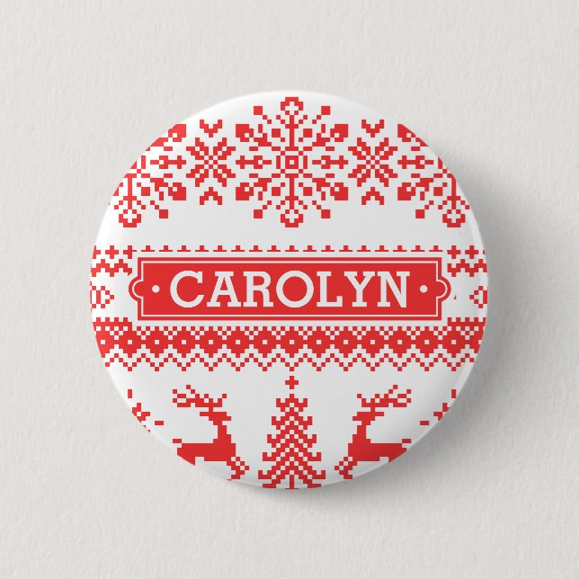 Christmas sweater red fair isle pattern monogram pinback button (Front)