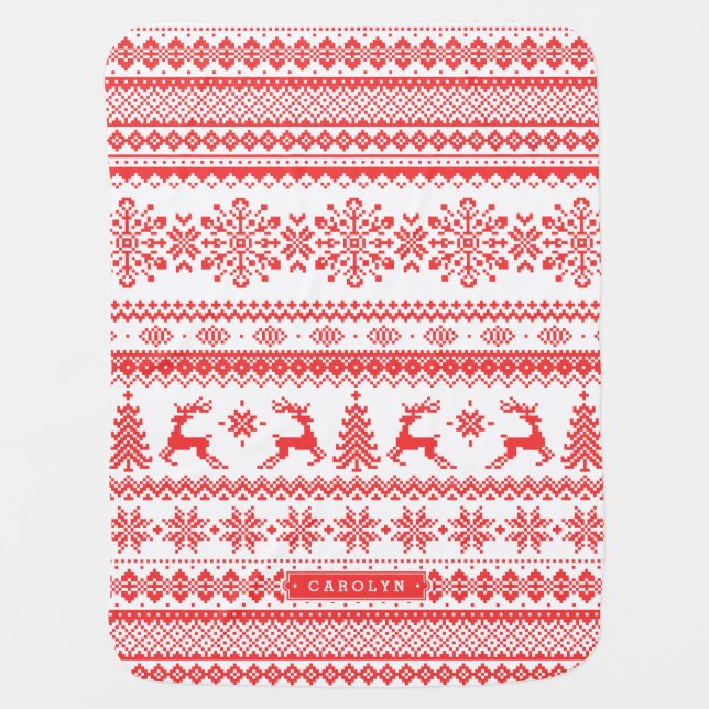 Christmas sweater red fair isle pattern monogram receiving blanket (Front)
