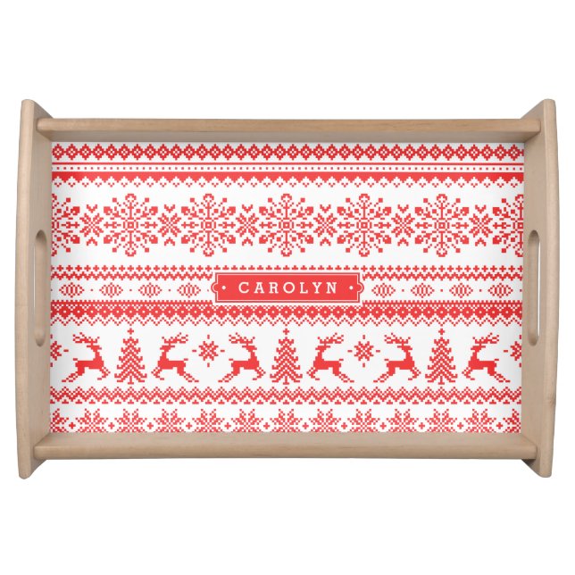 Christmas sweater red fair isle pattern monogram serving tray (Front)