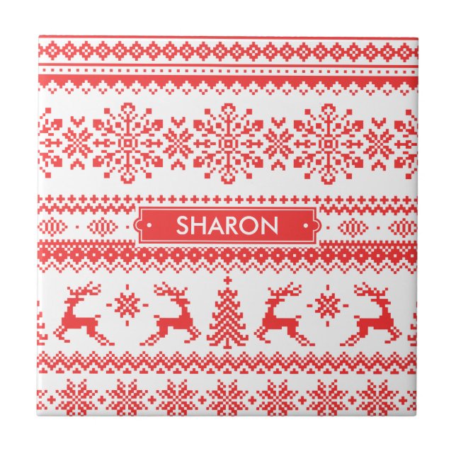 Christmas sweater red fair isle pattern monogram tile (Front)
