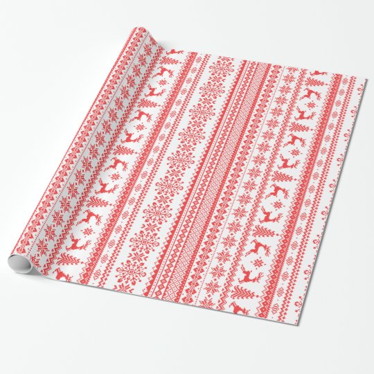 Christmas sweater red fair isle pattern monogram wrapping paper