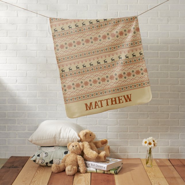 Christmas Sweater Reindeer Pattern With Name Baby Blanket (In Situ)