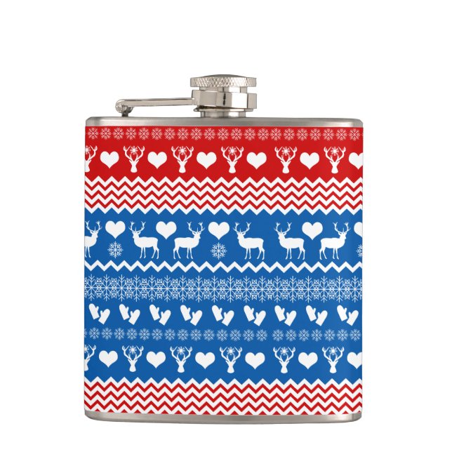 Christmas Sweater Reindeer, Snowflakes and Mittens Hip Flask (Front)