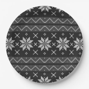 Christmas Sweater Scandinavian Knit Black Grey Paper Plates