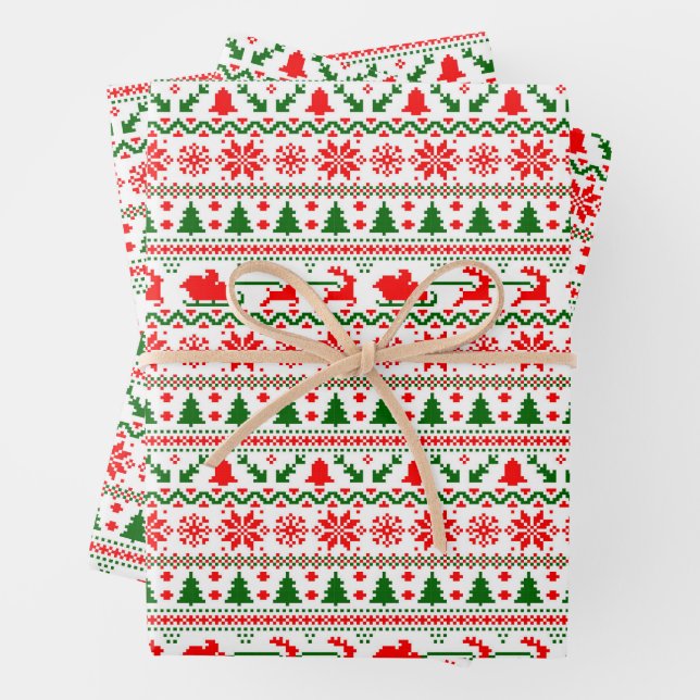 Christmas Sweater Snowflakes Reindeer Trees Santa  Wrapping Paper Sheets (In situ)