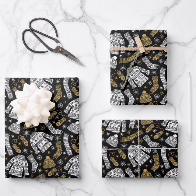 Christmas Sweater Socks Hat Gloves Snowflakes Wrapping Paper Sheets (Front)