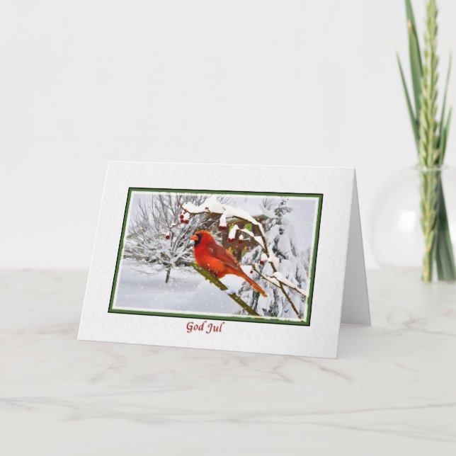 Christmas, Swedish, Cardinal Bird, Snow, Card (Front)